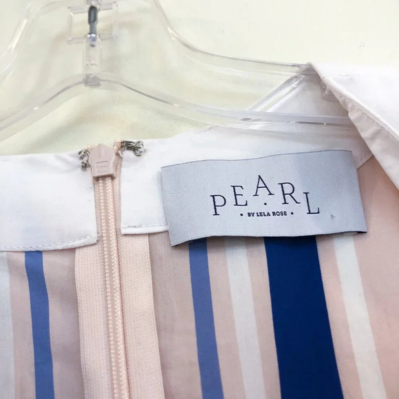 PEARL by Lela Rose Striped Ruffle Sleeve Pink Blue Designer Sheath Mini Dress S - Picture 7 of 10